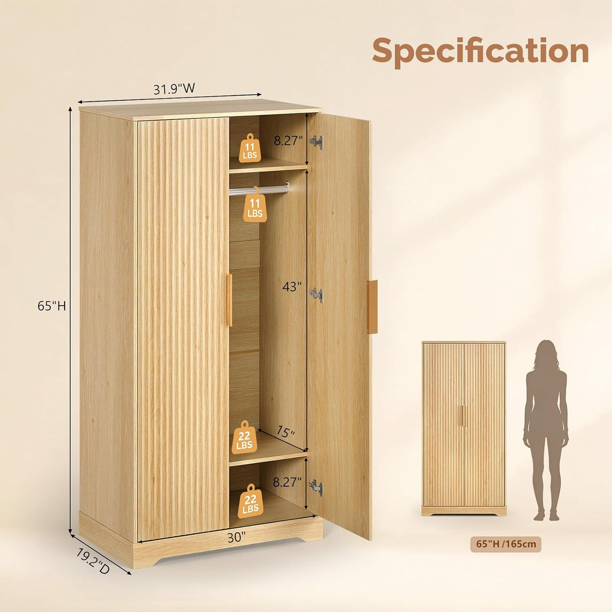 Armoire Wardrobe Closet with Doors, Fluted Wardrobe Armoire,Wooden Closet