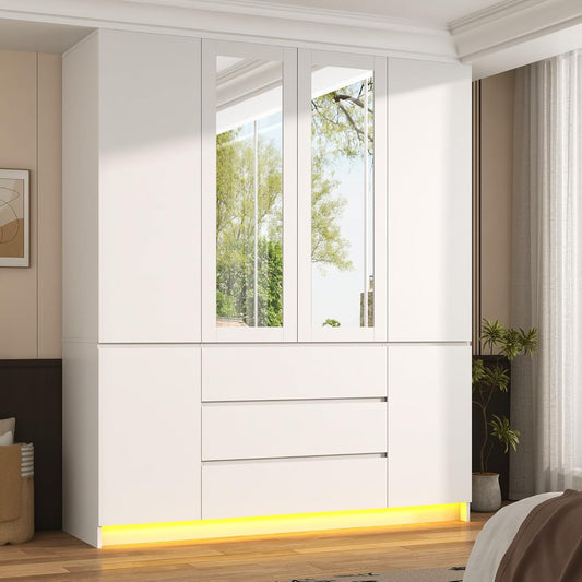 75" Tall Modern Wardrobe Closet with 2 Mirrors,LED Lights, 63"W Armoire Wardrobe Cabinet with 3 Drawers, Hanging Rod,Shelves, Freestanding Bedroom Storage Closet, Wooden Clothing Organizer, White
