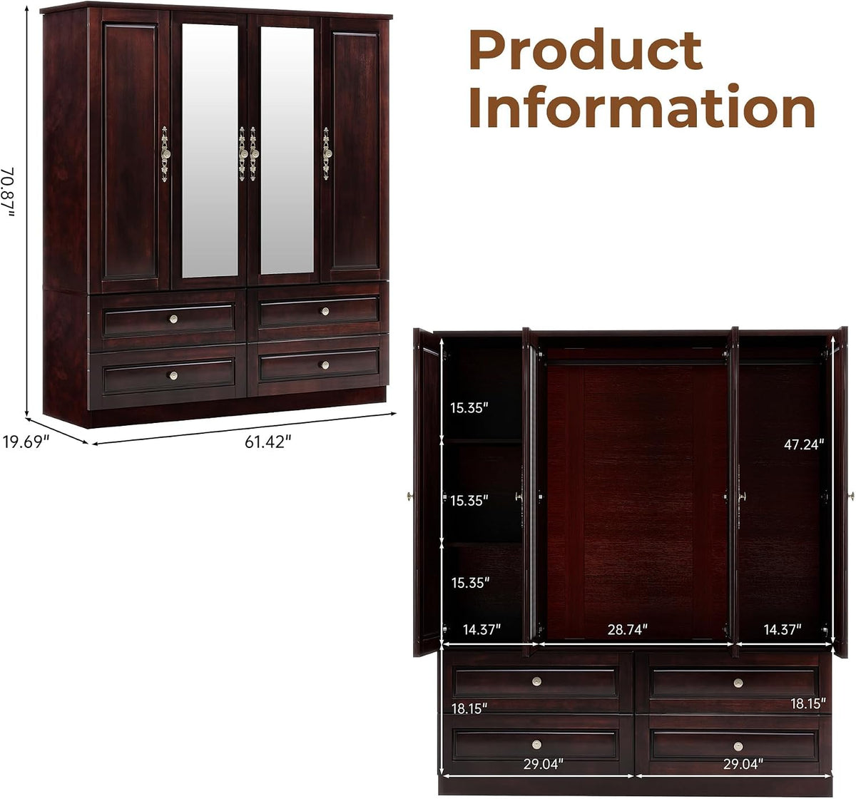 Solid Wood Armoire Wardrobe Closet: 70.87"Large Storage Brown Black