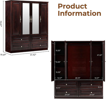 Solid Wood Armoire Wardrobe Closet: 70.87"Large Storage Brown Black