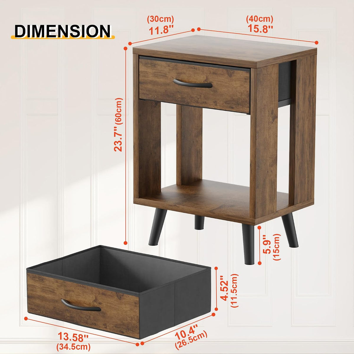 GYIIYUO 24" H Nightstands Set of 2 with Fabric Drawer, Dark Rustic Brown