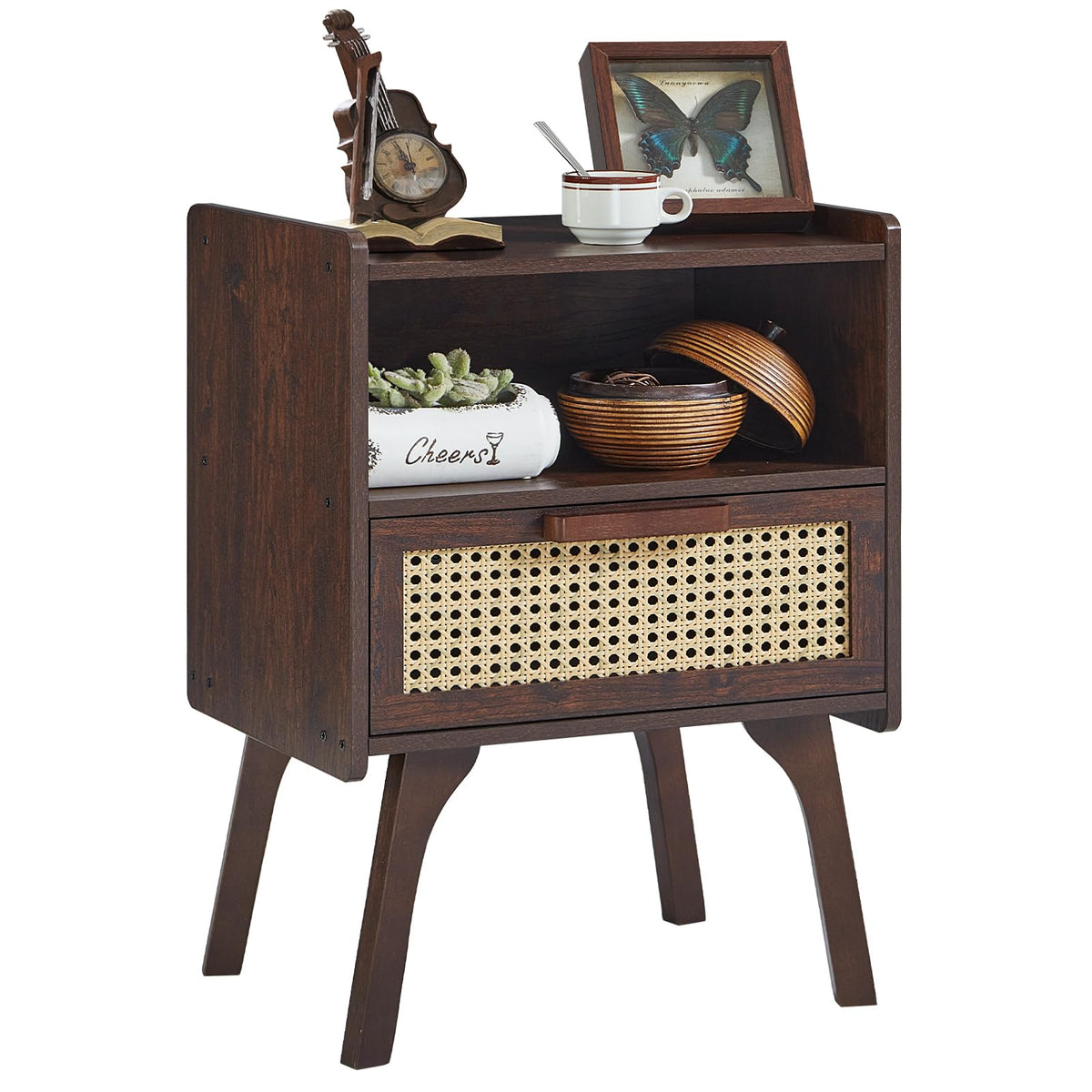 Lerliuo Rattan Nightstand, Boho Side Table with Drawer Open Shelf