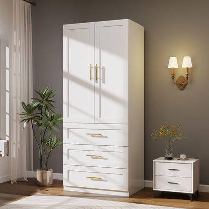 White Wardrobe Closet with 4 Drawers and 4 Doors, 75" H x 63" W