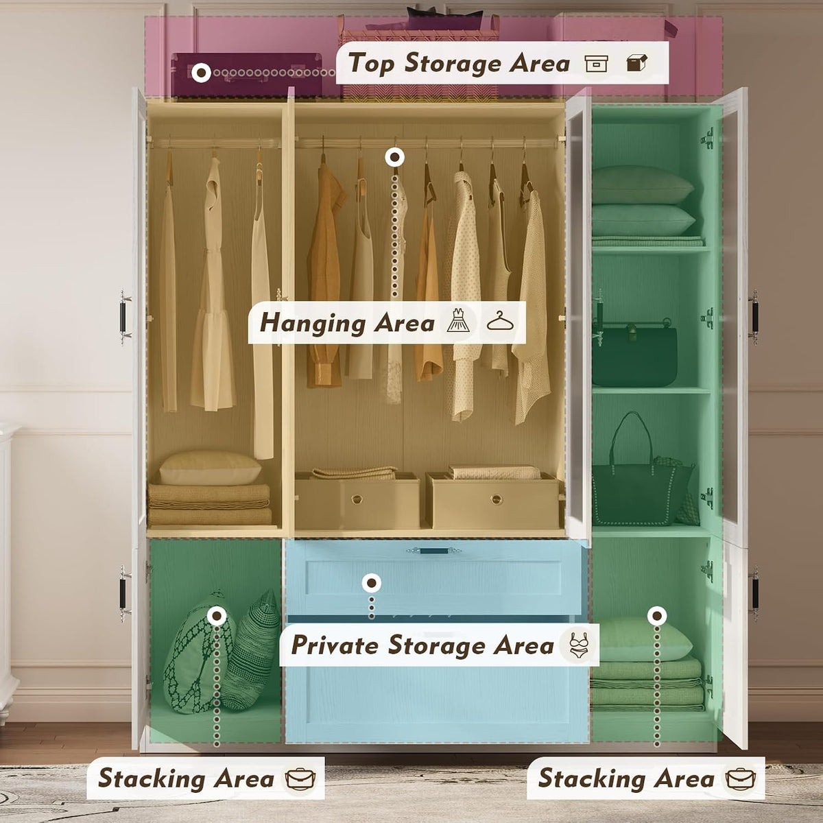 MEISSALIVVE 6 Door Armoire Wardrobe Closet with Frosted Glass Door, 70.9''H Clothing Storage Cabinet with Hanging Rod & 2 Drawers, Adjustable Shelves, Clothes Wardrobe Armoire for Bedroom, Wood Grain