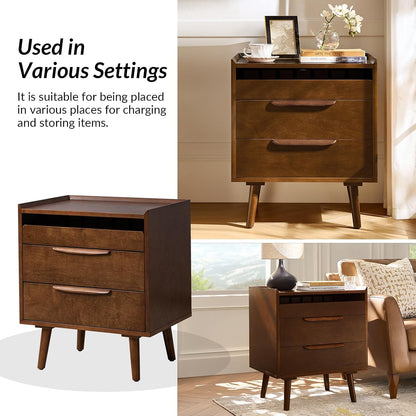 HULALA HOME 2-Drawer End Table with Charge Station, Set of 2 Walnut