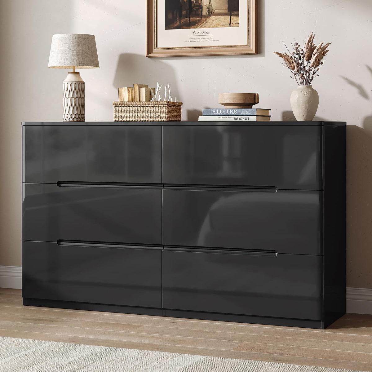 10 Drawer Dresser for Bedroom, 55" Long High Gloss Dresser, White
