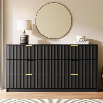 MAISONARIA 55" Wide Fluted 6-Drawer Double Dresser for Bedroom, Black