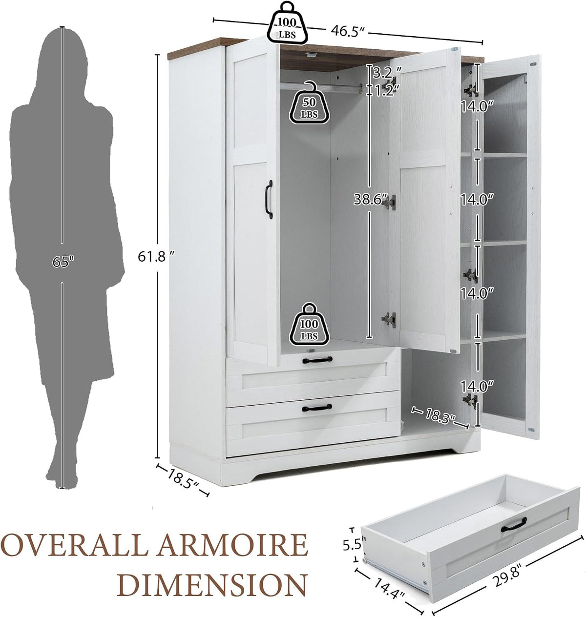 Brafab 62" Wooden Armoire Wardrobe Closet with Mirror, White, 3 Doors