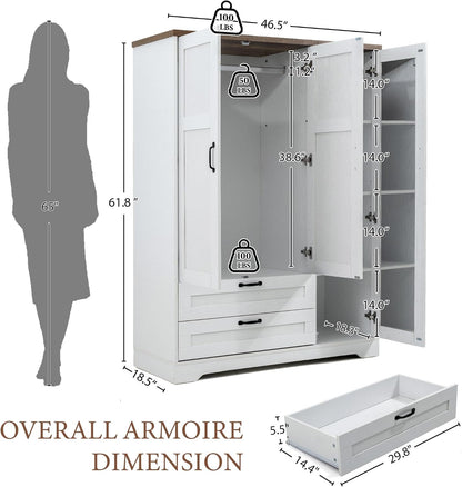 Brafab 62" Wooden Armoire Wardrobe Closet with Mirror, White, 3 Doors