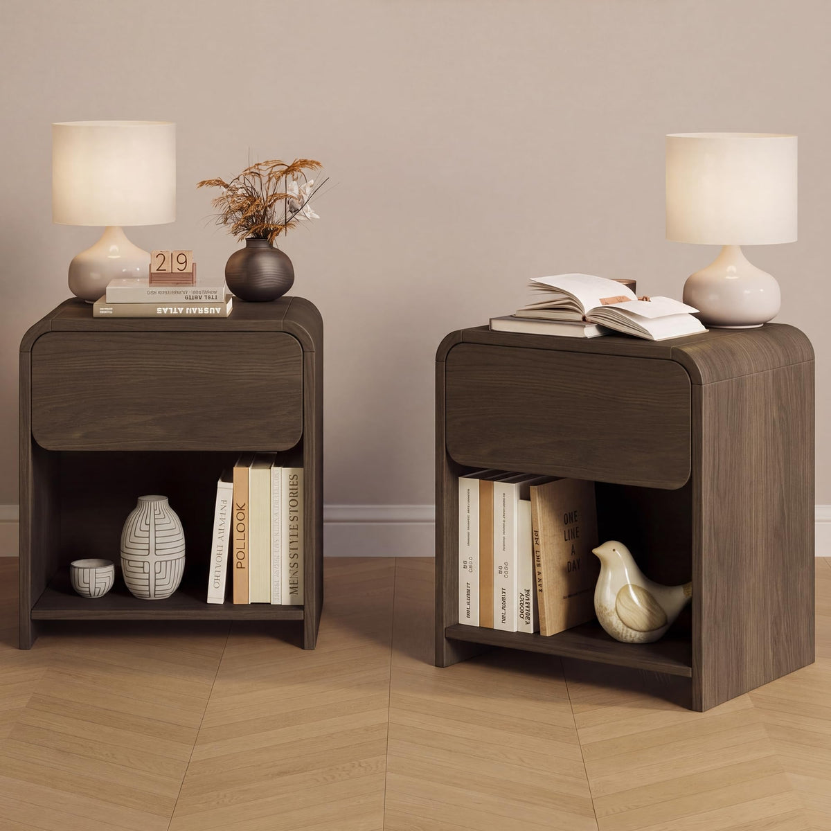 Modern Curved Nightstands Set of 2 with Open Shelf,Natural Oak