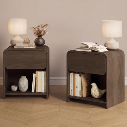 Modern Curved Nightstands Set of 2 with Open Shelf,Natural Oak