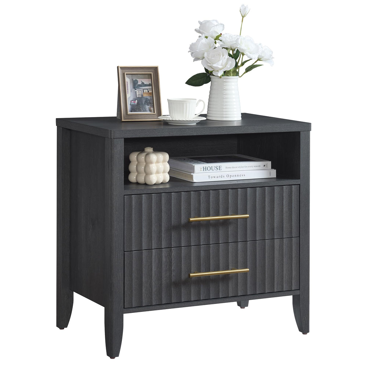 Fluted Nightstand Set of 2 with Charging Station, 23.7" Wide Modern End Table with 2 Drawers, Wooden Bedside Table for Bedroom, Curved Profile Design, Natural