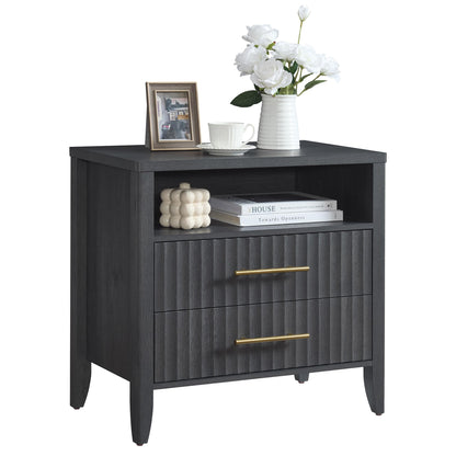 Fluted Nightstand Set of 2 with Charging Station, 23.7" Wide Modern End Table with 2 Drawers, Wooden Bedside Table for Bedroom, Curved Profile Design, Natural