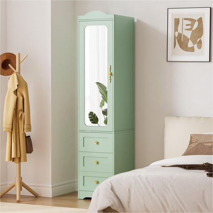 Armoire Wardrobe Closet, Green Bedroom Armoires Cabinet with Mirror Door and 6 Drawers, 69.5" H Wood Clothing Storage Cabinet with Hanging Rod & Sensor Light for Bedroom-(Left+Right)