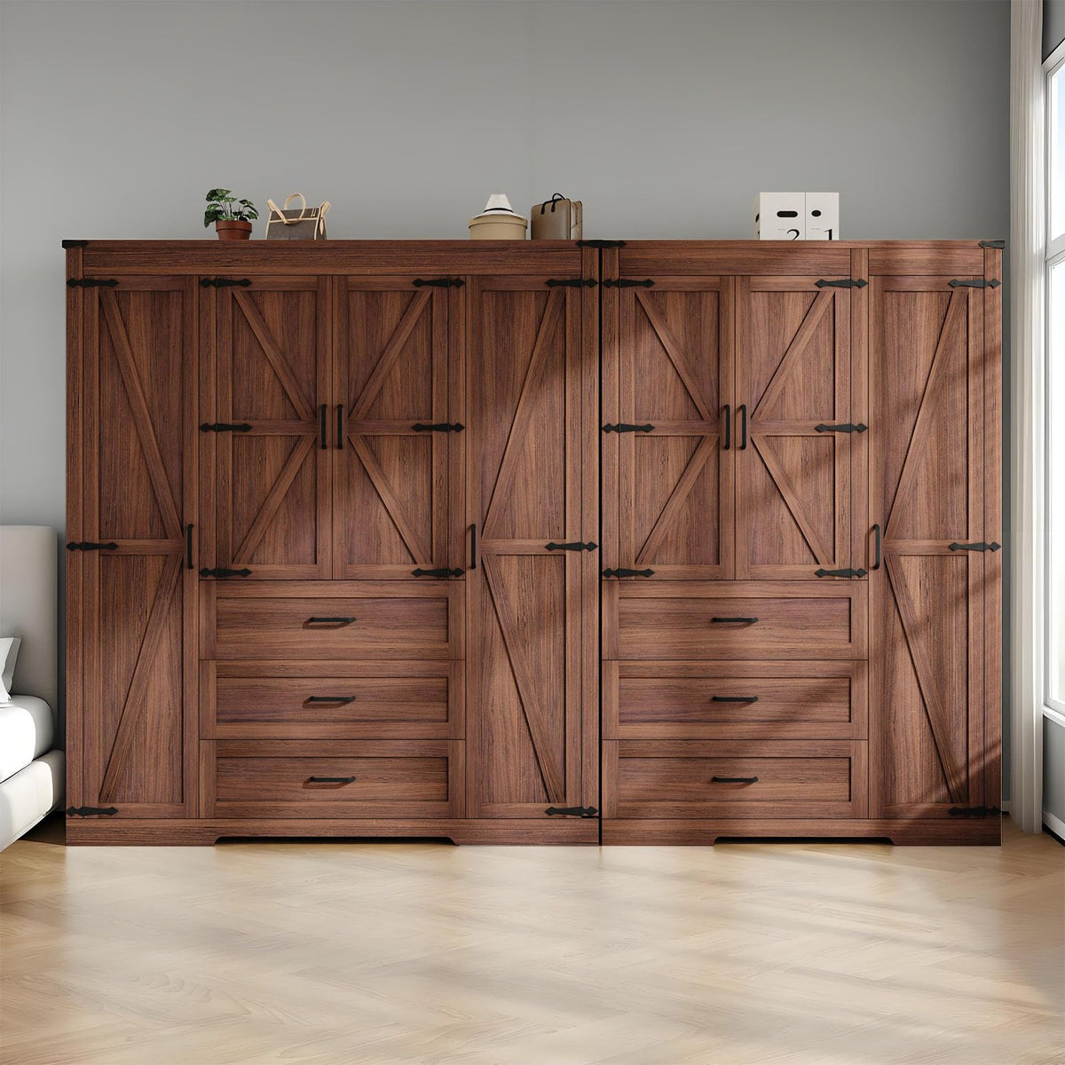 70" Tall Armoire Wardrobe Closet with 4 Doors & 3 Drawers, Farmhouse Bedroom Storage Cabinet with Hanging Rod, Freestanding Wooden Armoire Wardrobe Closet, Brown
