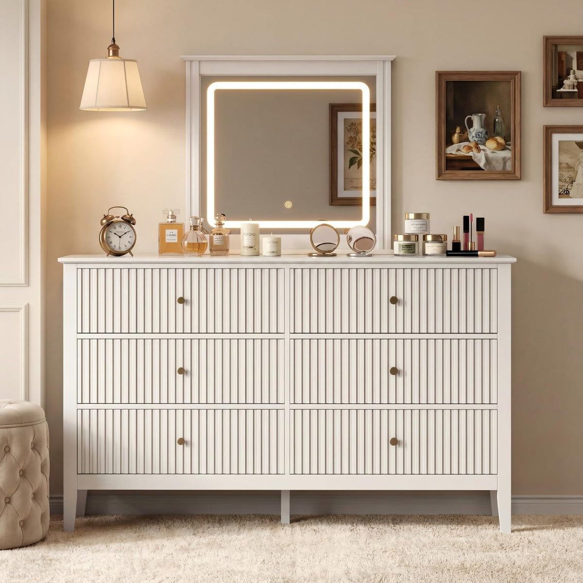RoyalCraft 6 Drawer Dresser, Fluted Modern Wood Chest of Drawers, Long Dresser for Bedroom TV Stand Storage Cabinet for Living Room, Blue