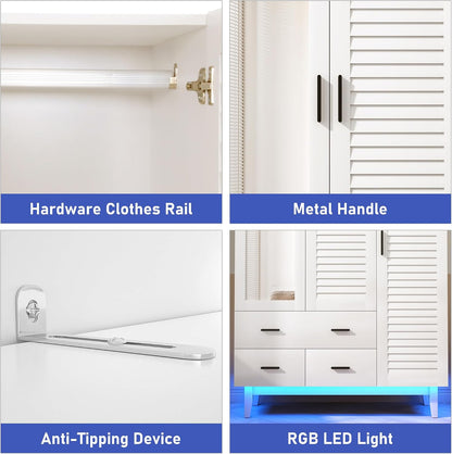 Hlivelood 3 Door Armoire Wardrobe Closet Cabinet with Drawers and LED Lights, Multi-Tier Shelves, Hanging Rod & 3 Louver Doors, Large Capacity Storage Wardrobe Armoire for Bedroom, White
