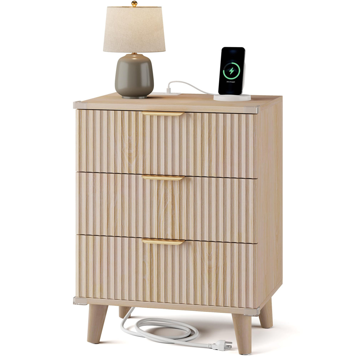 Night Stand Set 2, Fluted Wood Nightstands w/Charging Station for Bedroom