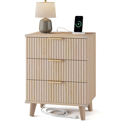 Night Stand Set 2, Fluted Wood Nightstands w/Charging Station for Bedroom