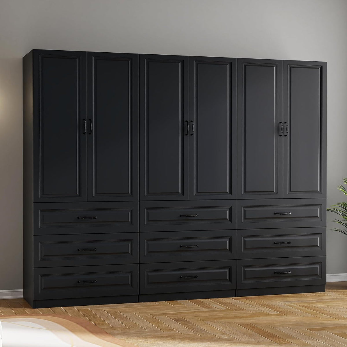 Black Wardrobe Closet with 9 Drawers and 6 Doors, 75" H x 95" W