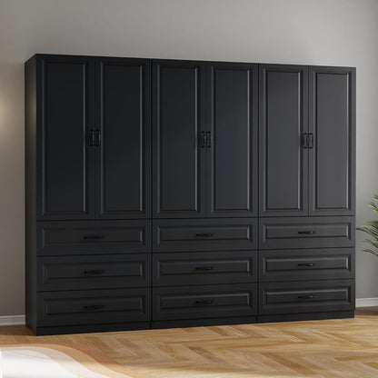Black Wardrobe Closet with 9 Drawers and 6 Doors, 75" H x 95" W