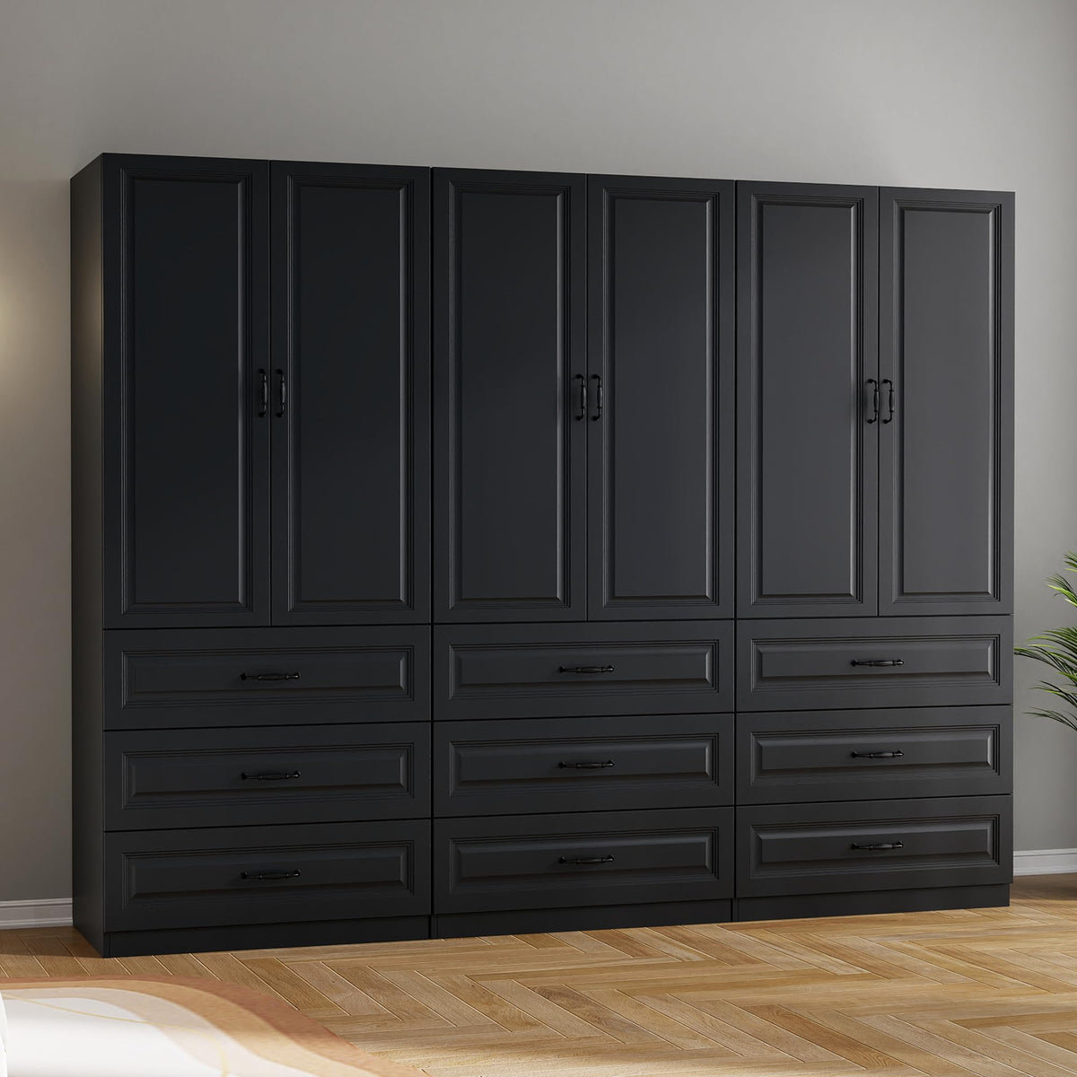Black Wardrobe Closet with 9 Drawers and 6 Doors, 75" H x 95" W