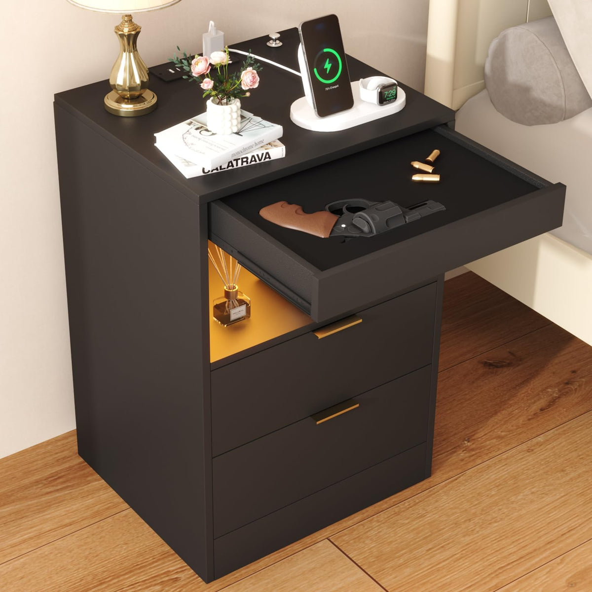 Yusong Farmhouse Night Stand with Gun Drawer & Invisible Lock, Rustic Wooden Night Stand with Charging Station, Beside Table with Drawers and Open Storage, End Tables for Bedroom, (White 004)
