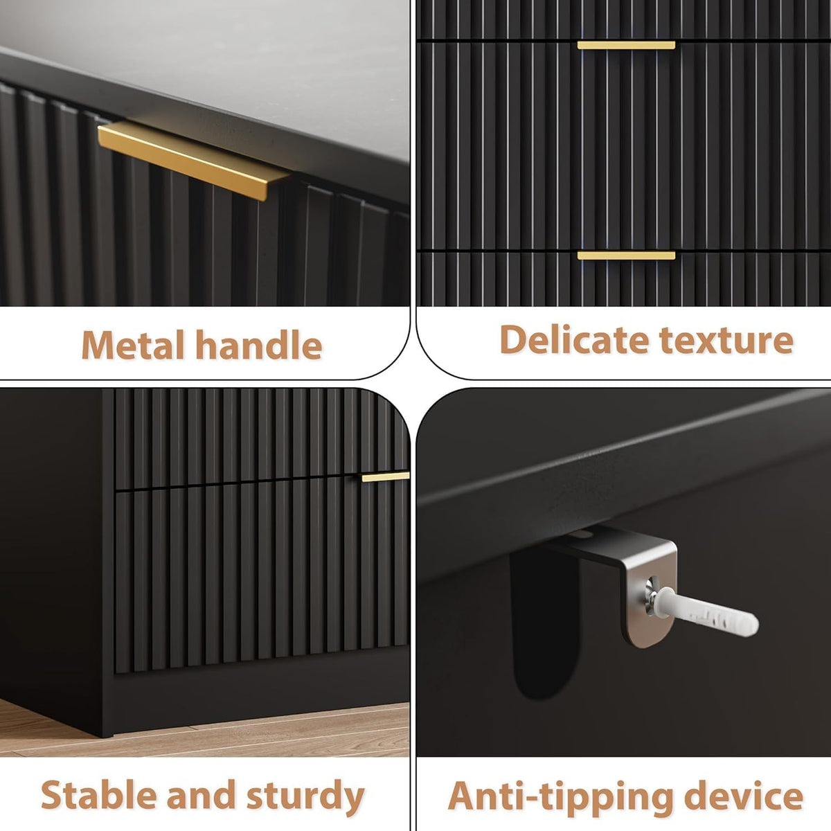 MAISONARIA 55" Wide Fluted 6-Drawer Double Dresser for Bedroom, Black