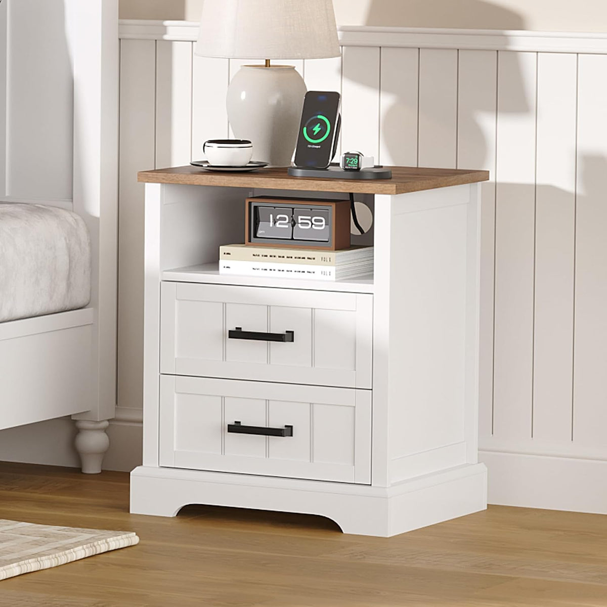 ChooChoo Farmhouse Night Stands with Charging Station Set of 2, 2 Drawers