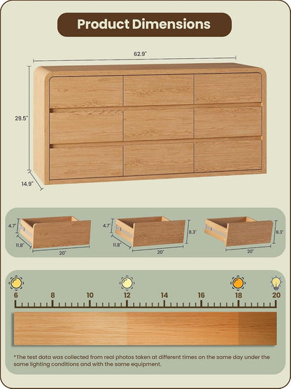 Modern 63" Wide 9 Drawers Dresser with Curved Profile Design,Oak