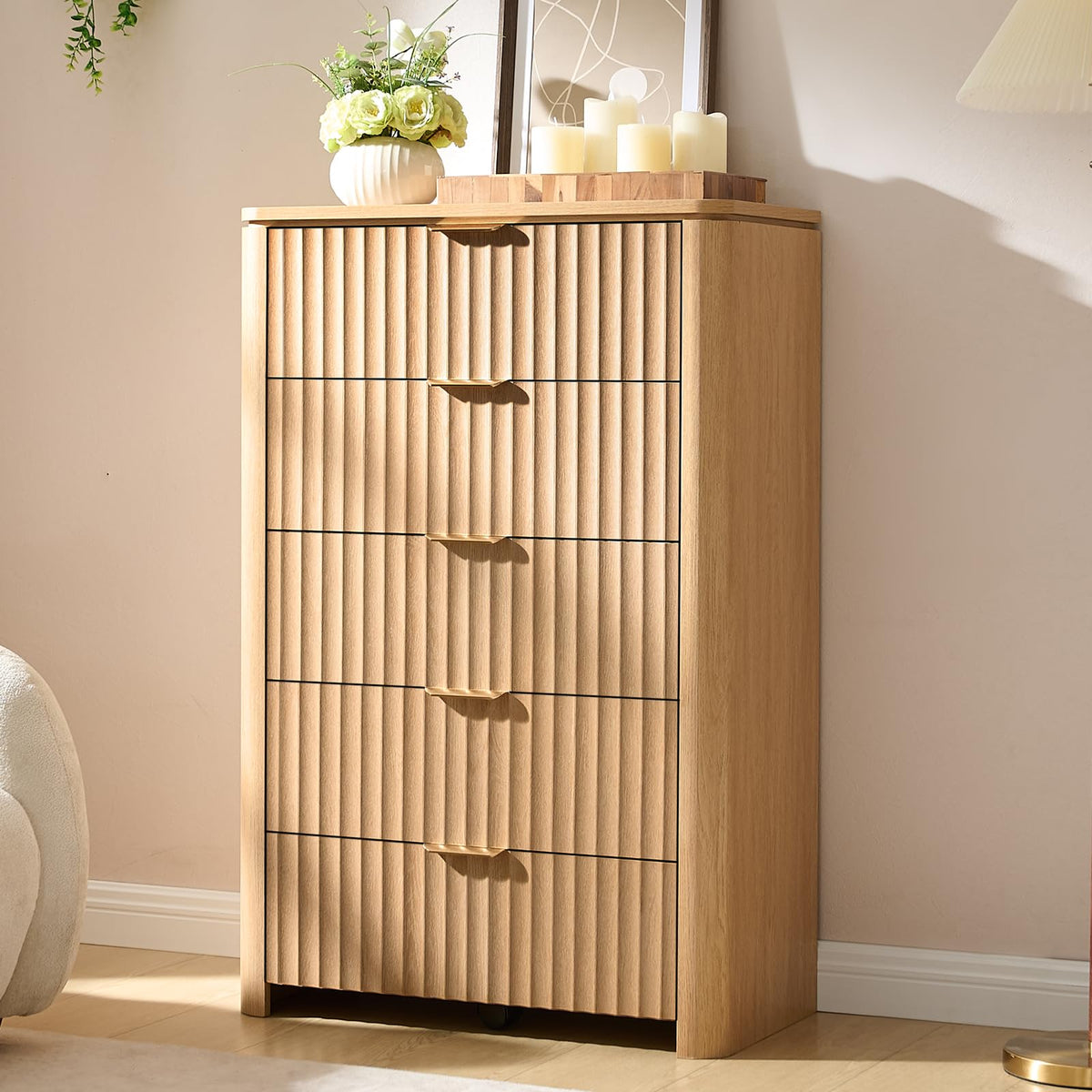 Fluted Nightstand Set of 2 with Charging Station, 23.7" Wide Modern End Table with 2 Drawers, Wooden Bedside Table for Bedroom, Curved Profile Design, Natural