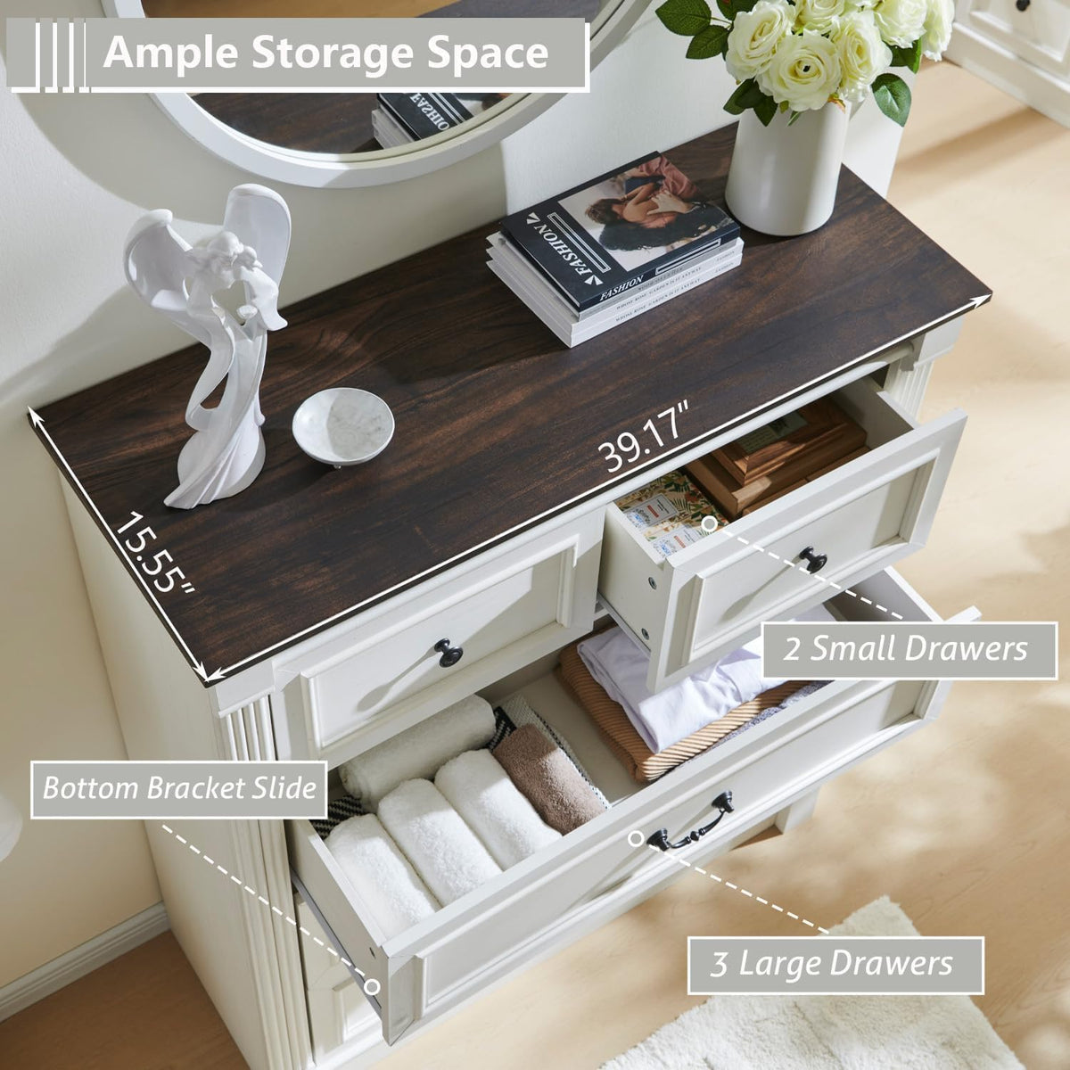 Aitjunz Farmhouse 46" Tall 5 Drawers Dresser for Bedroom, Antique White