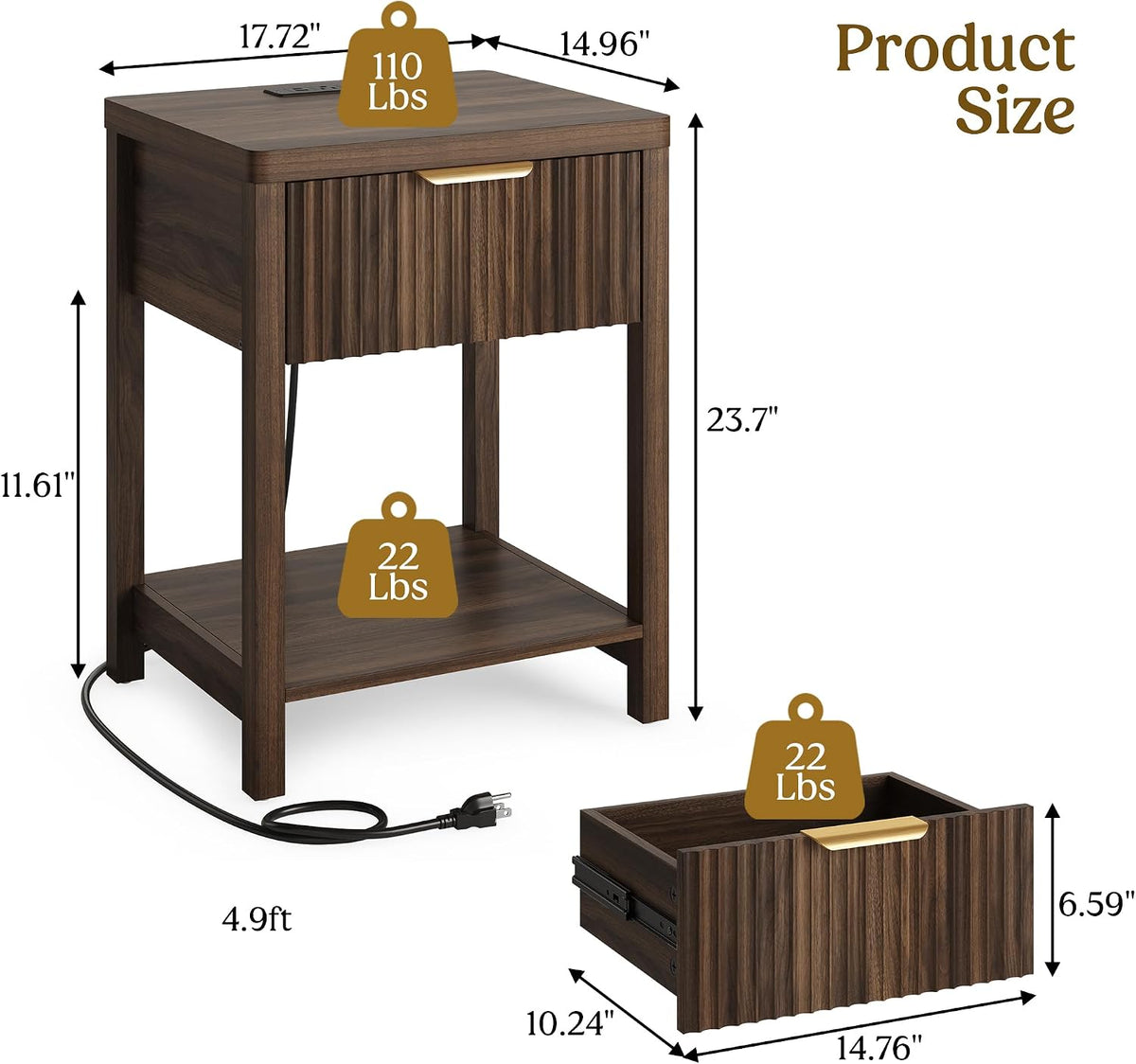 Night Stand Set 2, Fluted Wood Nightstands w/Charging Station for Bedroom