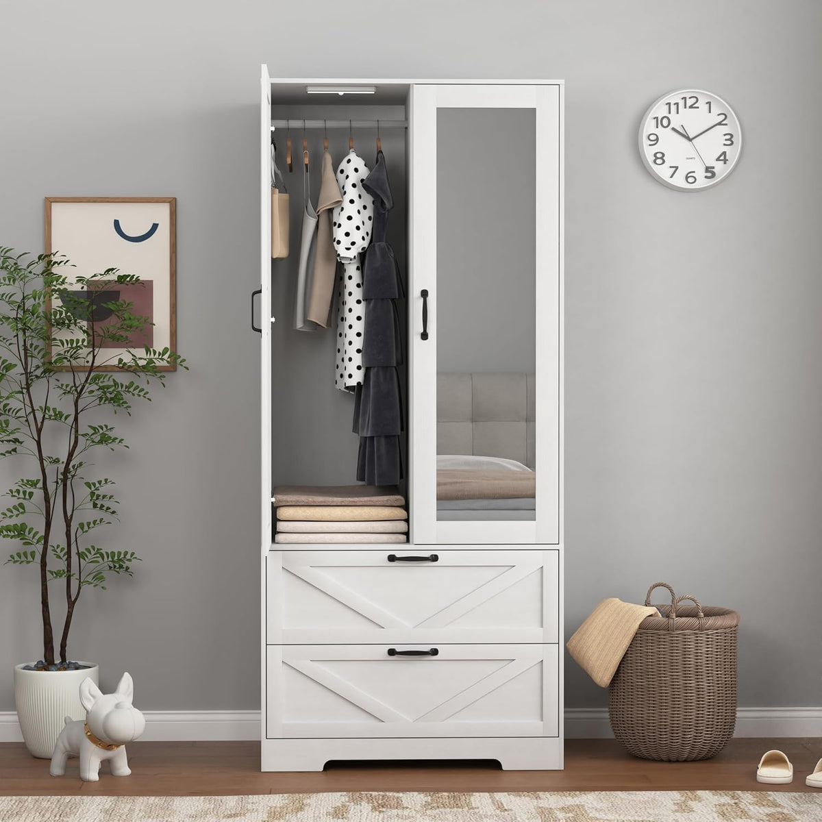 72'' Armoire Wardrobe Closet with Mirror Door & Light, Farmhouse Bedroom Clothes Cabinet with 4 Doorrs + Hanging Rod + 2 Drawers, Wooden Wardrobe Cabinet with Adjustable Shelf for Bedroom