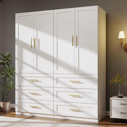 White Wardrobe Closet with 4 Drawers and 4 Doors, 75" H x 63" W