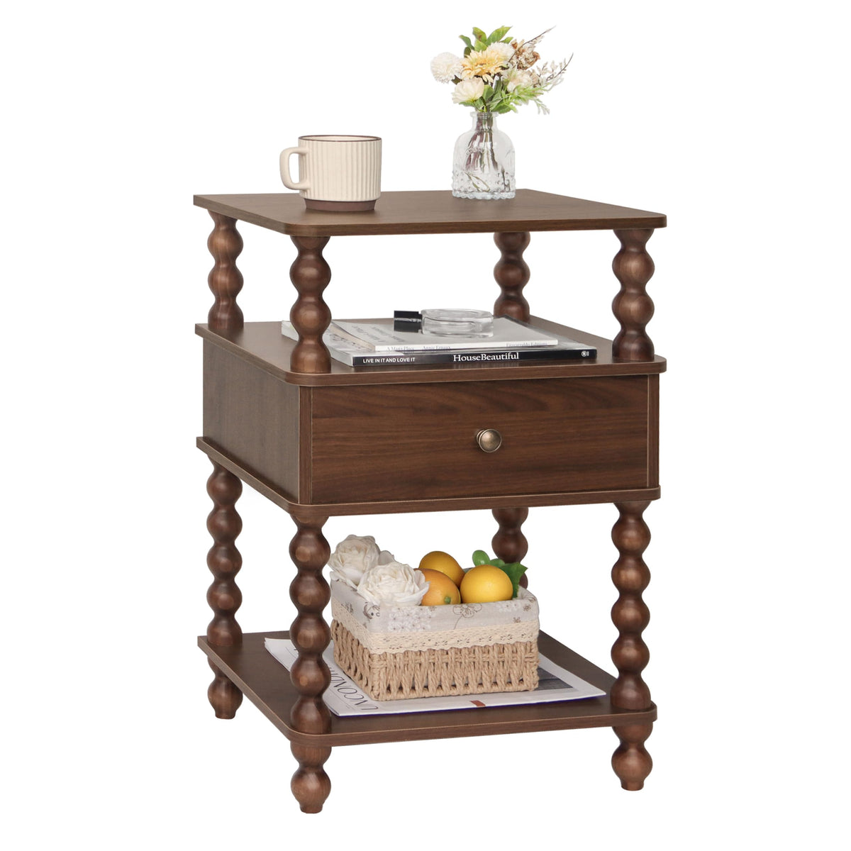 AWASEN Nightstand with Drawer, Walnut Bedside Table with Storage, End Table