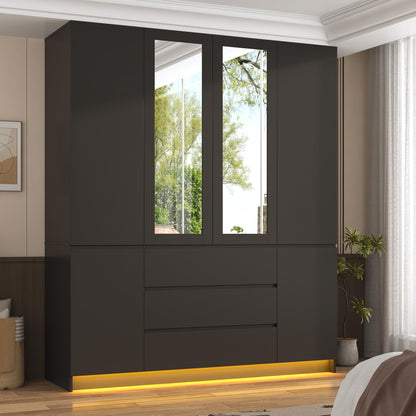 75" Tall Modern Wardrobe Closet with 2 Mirrors,LED Lights, 63"W Armoire Wardrobe Cabinet with 3 Drawers, Hanging Rod,Shelves, Freestanding Bedroom Storage Closet, Wooden Clothing Organizer, White