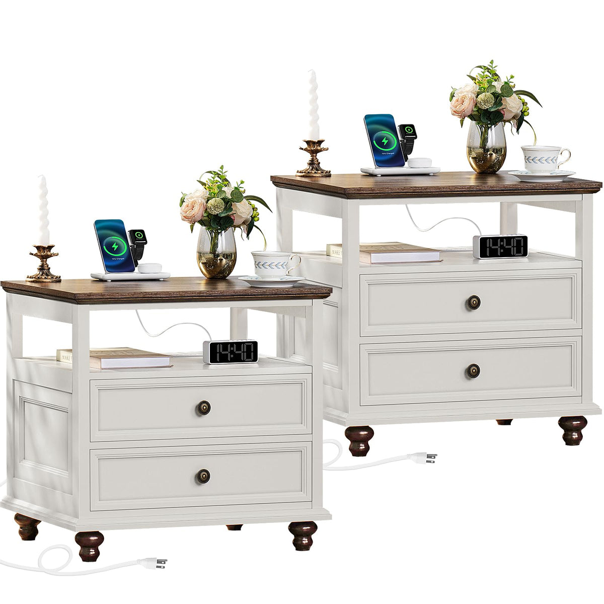 Joaxswe 24" Wide Farmhouse Night Stand Set of 2,Large End Table with 3 Drawers & Metal Handle,Wood Dresser for Bedroom,Bed Side Table Chest of Drawers Cabinet,Natural Nightstand for Living Room,Closet