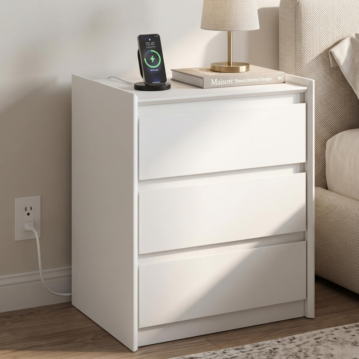 Black Nightstand with Charging Station, 24"H, 2 Drawers & Shelf