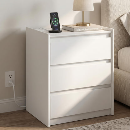 Black Nightstand with Charging Station, 24"H, 2 Drawers & Shelf
