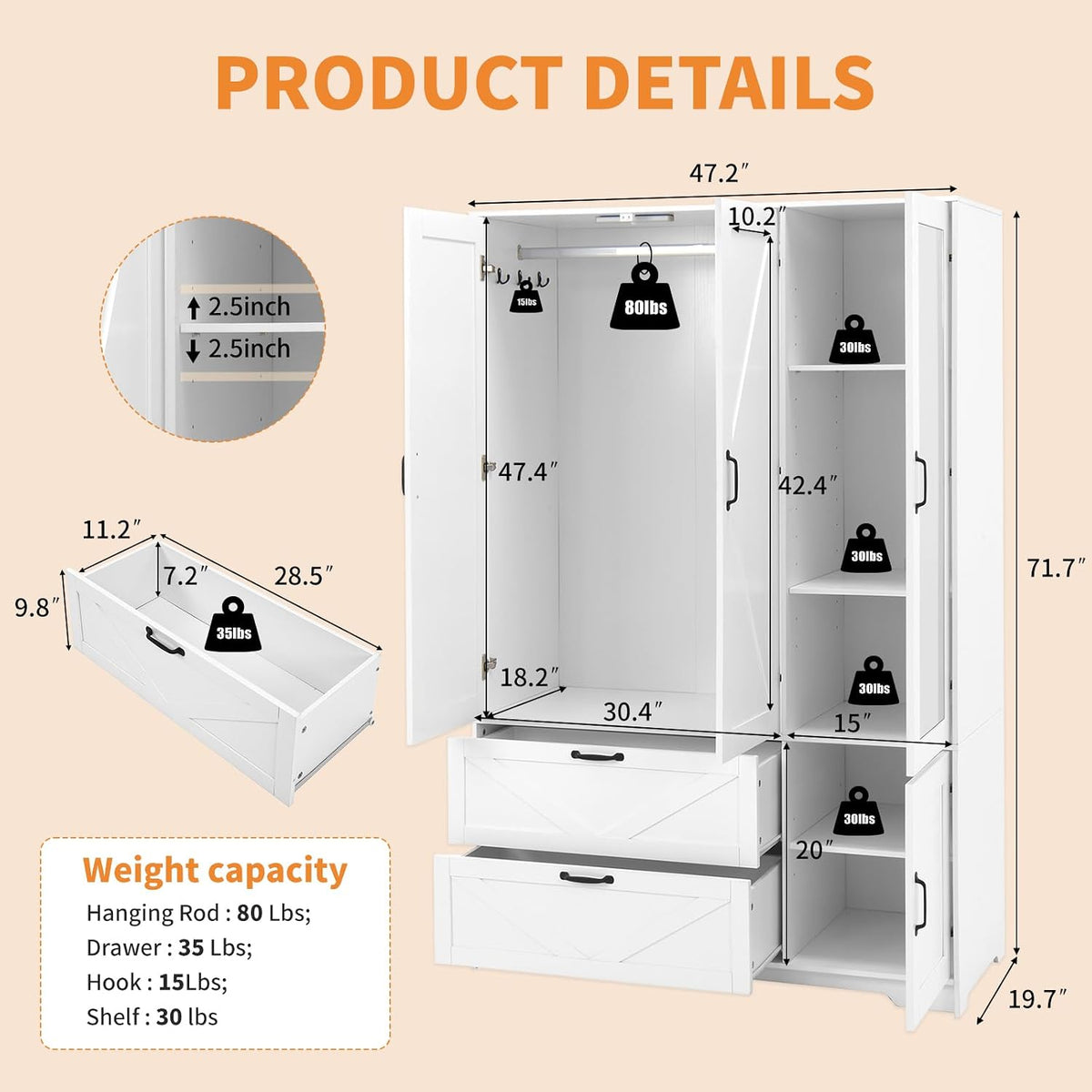 72'' Armoire Wardrobe Closet with Mirror Door & Light, Farmhouse Bedroom Clothes Cabinet with 4 Doorrs + Hanging Rod + 2 Drawers, Wooden Wardrobe Cabinet with Adjustable Shelf for Bedroom