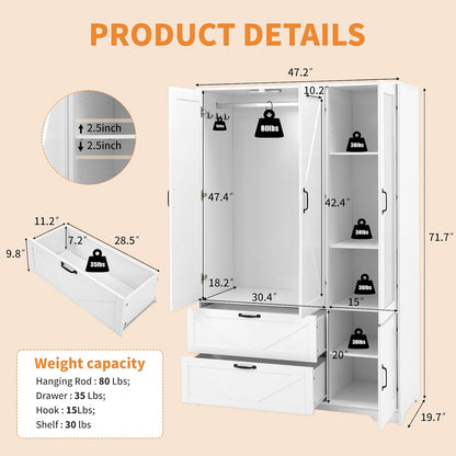 72'' Armoire Wardrobe Closet with Mirror Door & Light, Farmhouse Bedroom Clothes Cabinet with 4 Doorrs + Hanging Rod + 2 Drawers, Wooden Wardrobe Cabinet with Adjustable Shelf for Bedroom