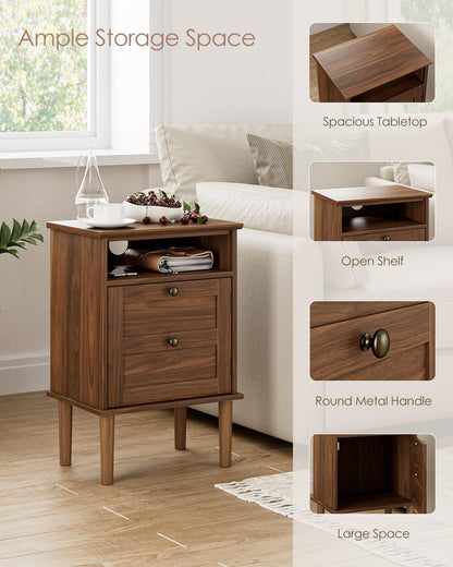 Nightstand, Boho Night Stand with 1 Drawer, Modern Side Accent Table with Open Shelf, Wooden Top Bedside End Table for Bedroom, Living Room, Walnut