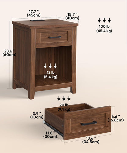 Decofy Farmhouse Nightstand Set of 2 with Charging Station, Walnut