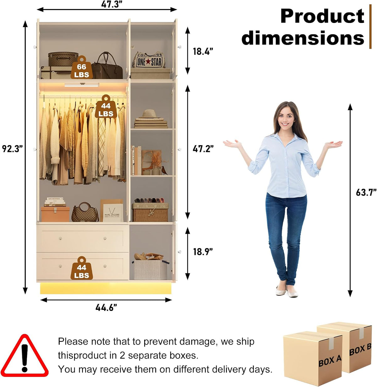 92.2" Tall Armoire Wardrobe Closet with Mirror & Motion Sensor Light, Large Storage Cabinet with 2 Drawers, Hanging Rod & Adjustable LED Strip, Anti-Tipping Wood Bedroom Furniture, 47.4"L, White