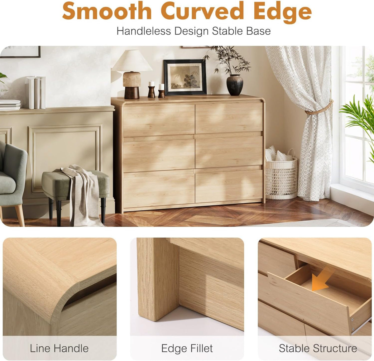 6 Drawer Dresser for Bedroom, Curved Edge Design Modern Dressers & Chest of Drawers, 47" Wide Dresser Natural Oak