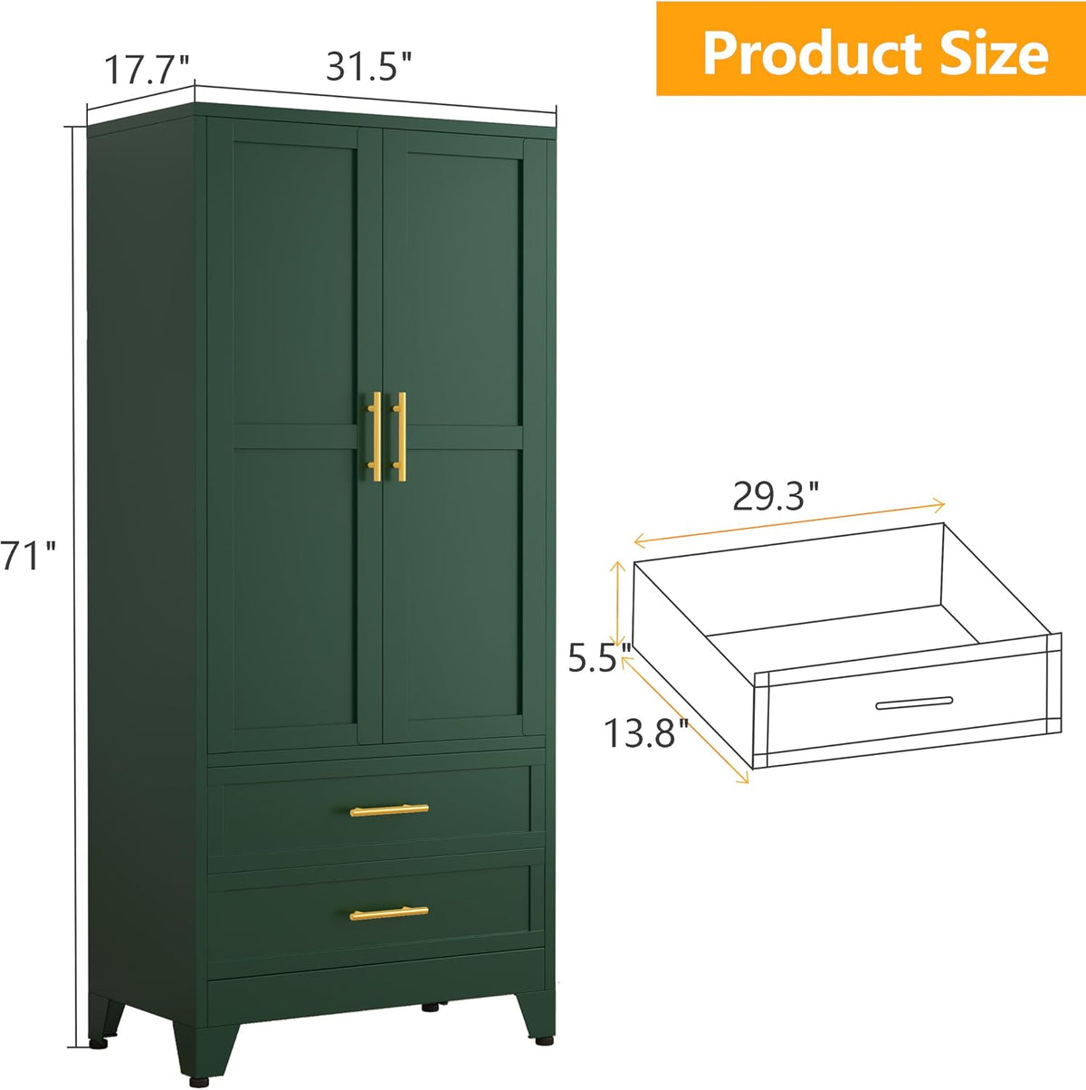 71" Metal Armoire Wardrobe Closet, Tall Clothing Storage Cabinet, Green