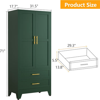 71" Metal Armoire Wardrobe Closet, Tall Clothing Storage Cabinet, Green