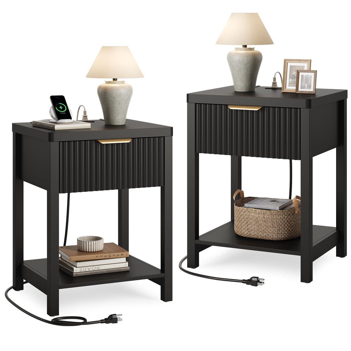 Night Stand Set 2, Fluted Wood Nightstands w/Charging Station for Bedroom