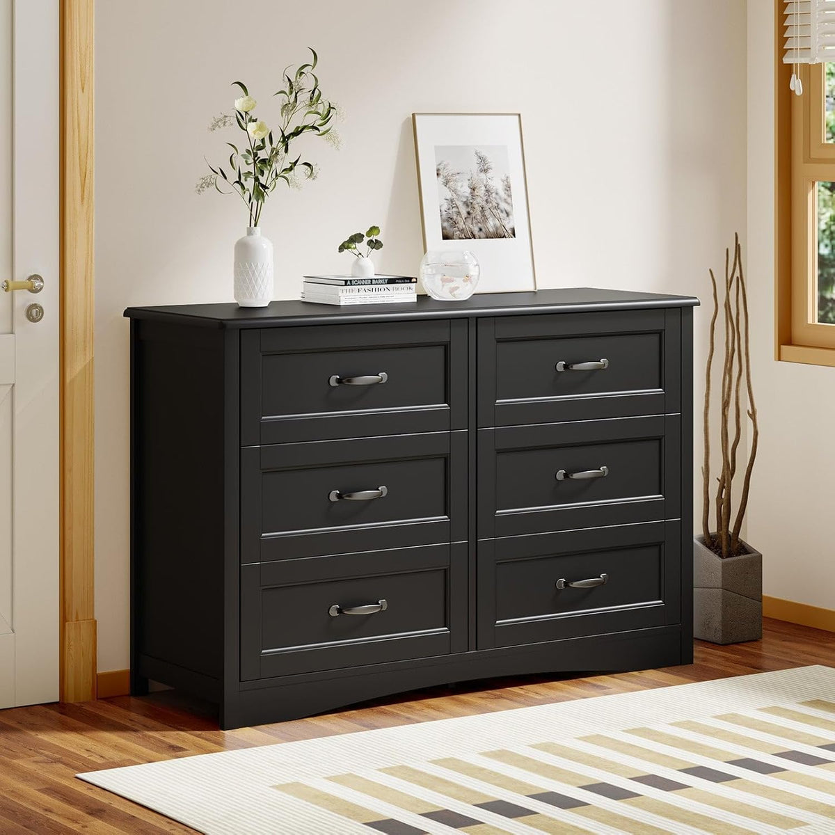 Gizoon 47" 6 Drawer Dresser, Black Wide Chest of Drawers for Bedroom